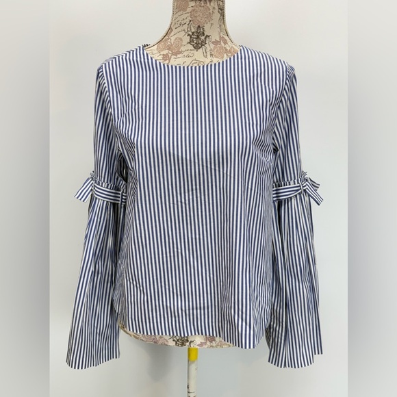 CATHERINE MALANDRINO Blue and white stripe bell sleeve blouse‎ size S. - Picture 2 of 13